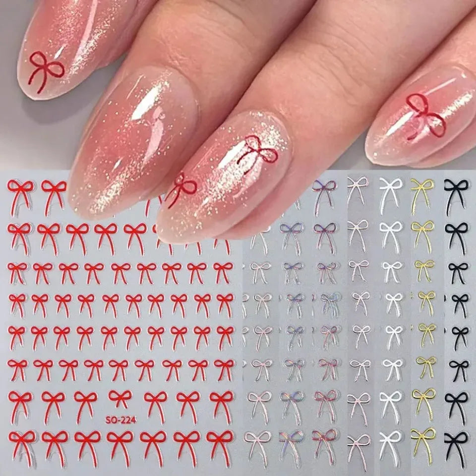 8pcs Mixed Color Bow Nail Art Stickers 3D Cute Red Black Pink Bowknot Nail Charms Foils Gold Laser Effect Bow Manicure Decor Beauty World Shop