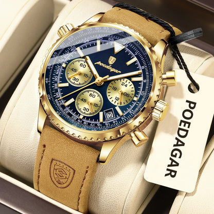 POEDAGAR Luxury Business Men's Watch Waterproof Luminous Date Chronograph Leather Man Clock Fashion Quartz Watches For Men Reloj Beauty World Shop