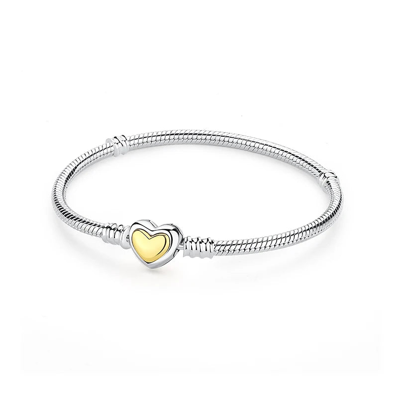 Original 925 Sterling Silver Bracelets Bangles Love Heart Clip Charms Beads Snake Chains For Women Rose Gold DIY Luxury Jewelry Beauty World Shop
