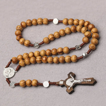 Catholic Wood Beaded Rosary Necklaces For Women Christian INRI Crucifix Cross Pendant Long Chain Men Religion Prayer Jewelry Beauty Trend Shop