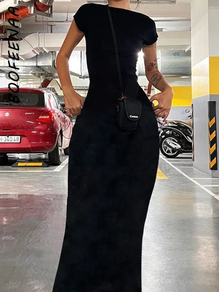 BOOFEENAA Short Sleeve Backless Long Dresses Sexy Outfits for Women Clothes Basics Casual Bodycon Grey Black Dress C71-BH23 Beauty World Shop