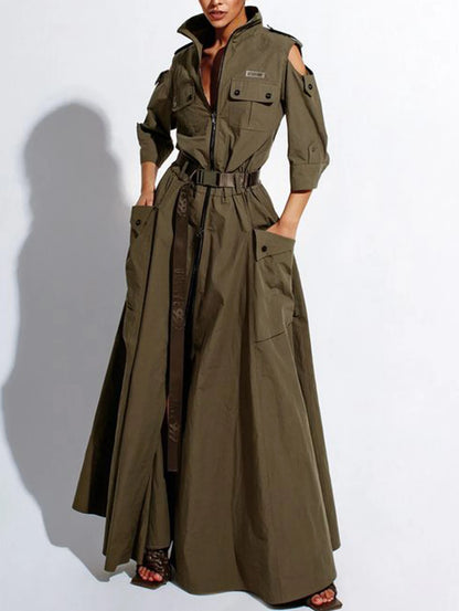 Summer Dress for Women 2026 Retro Turn-down Collar Cold Shoulder Half Sleeve Zipper Belt Pockets Split High Waist Maxi Dresses Beauty World Shop