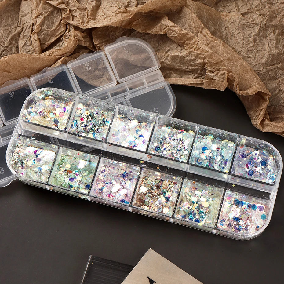 12 Grids Shimmery Mermaid Hexagon Nail Art Glitter Sequins Holographic Mirror Nail Powder Flakes Nail Charms Decoration Manicure Beauty World Shop