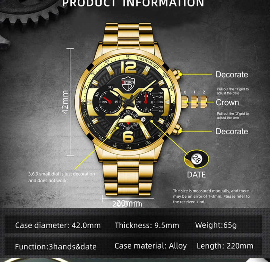 5PCS Set DEYROS Fashion Mens Calendar Watches Men Business Stainless Steel Quartz Wristwatch Male Casual Necklace Bracelet Watch Beauty World Shop