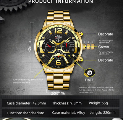 5PCS Set DEYROS Fashion Mens Calendar Watches Men Business Stainless Steel Quartz Wristwatch Male Casual Necklace Bracelet Watch Beauty World Shop