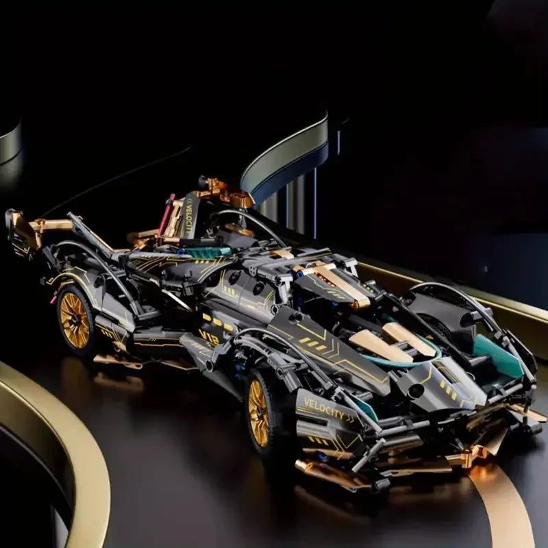 2026 Hot Building Block Racing Car V12 Building Block Car Black and Gold Accessories Fine Desktop Wooden Model Car Birthday Gift Beauty World Shop
