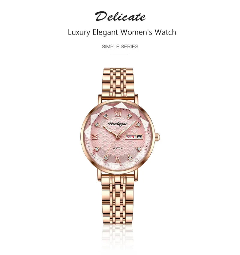 POEDAGAR Top Elegant Women's Watches Stainless Steel Date Week Woman Watch Waterproof Luminous Fashion Ladies Watch Quartz Reloj Beauty World Shop