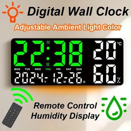 Digital Wall Clock with Atmosphere Lights Remote Control TEMP Humidity Display LED Large Table Clock Multifunctional Alarm Clock Beauty World Shop