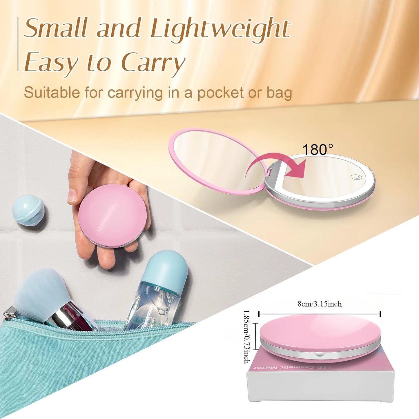 Compact Mirror with Light, 1X/3X Magnification LED Pocket Mirror with USB Data Cable, Pink Mini Mirror for Purse, Pocket,Travel Beauty World Shop
