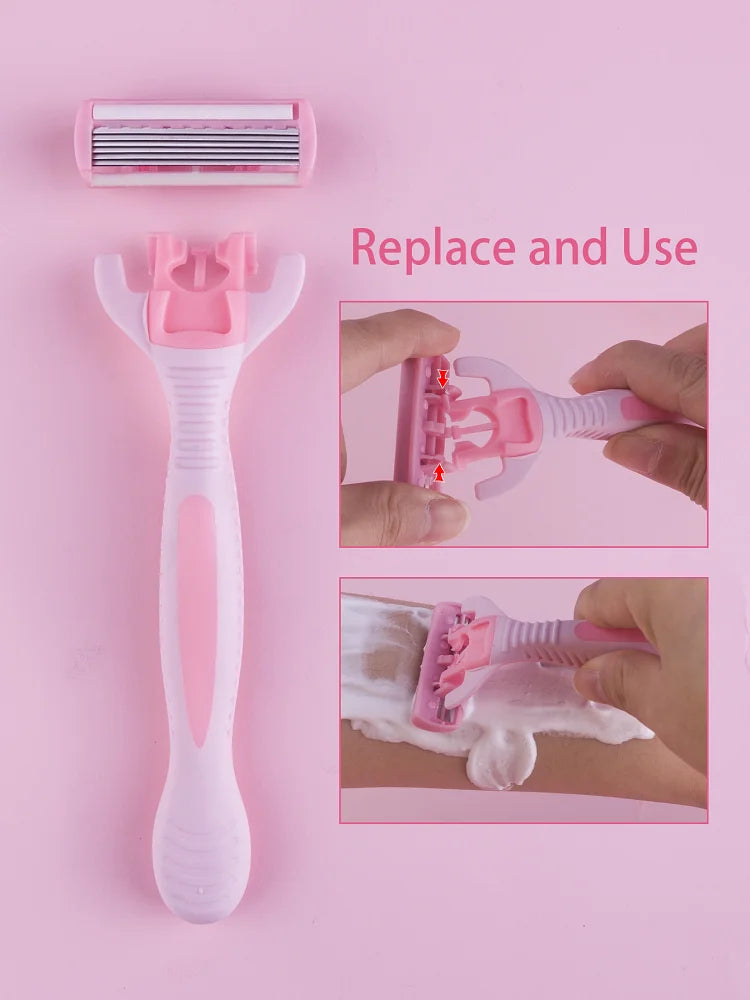 1 Handle + 12 / 17 Blades/ Men Women Manual Safety razor 6-Layer Stainless Steel Hair Removal Shaving Replaceable Shaver Head Beauty World Shop
