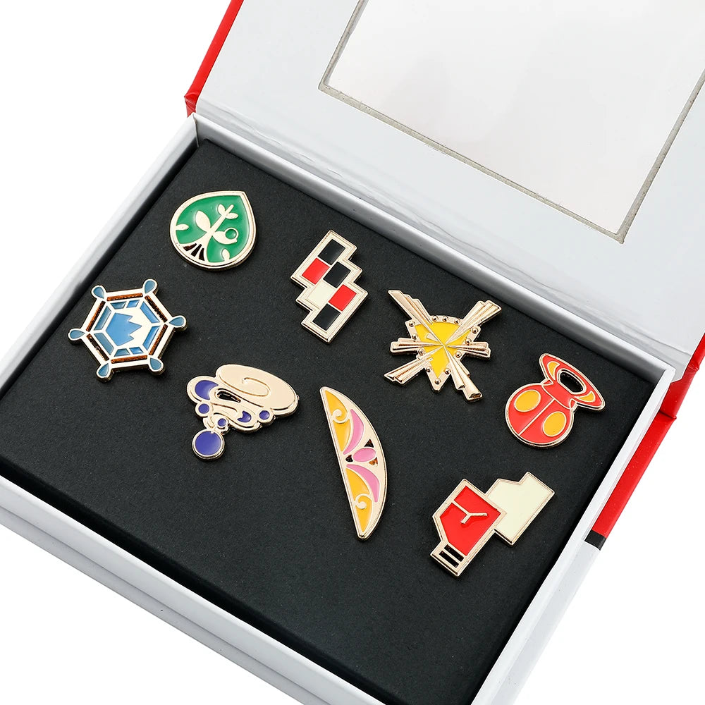 Pokemon Gym Badges Kanto Johto Hoenn Sinnoh Unova Kalos League Region Orange Islands Pins Brooches Box Set Pocket Monster Beauty World Shop