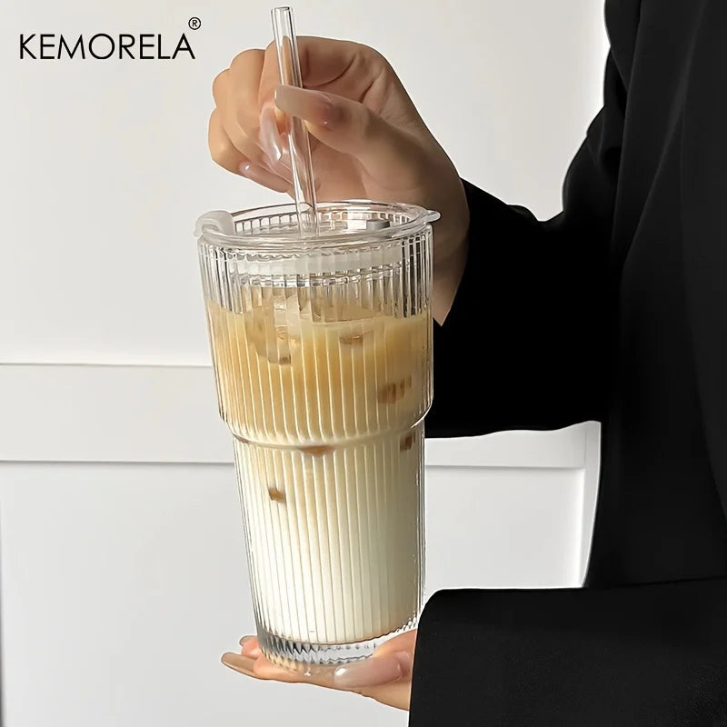 600ML Stripe Glass Coffee Cup With Lid and Without Cover Straw Transparent Drinking Glasses for Juice Iced Coffee Mugs Drinkware Beauty World Shop
