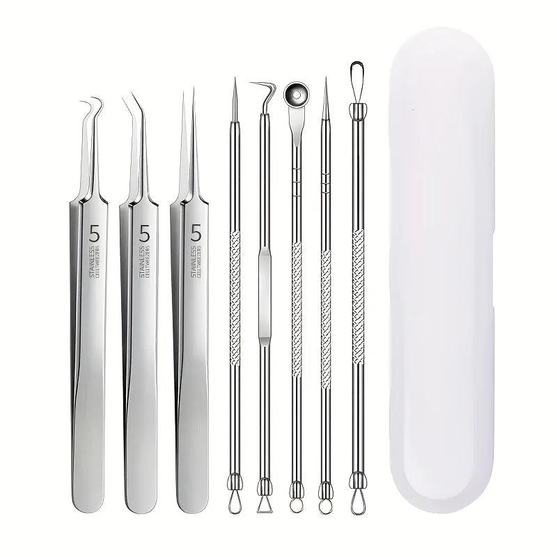 8-Piece Blackhead Remover Kit – Stainless Steel Blemish & Acne Extraction Tools – Professional Pimple Popper Set for All Skin Beauty World Shop
