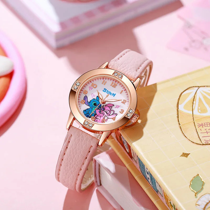 Fashion Cartoon Pattern Stitch Girls Watches Kids Leather Strap Children Watch with Rhinestone Dial reloj stich Exquisite Gift Beauty World Shop
