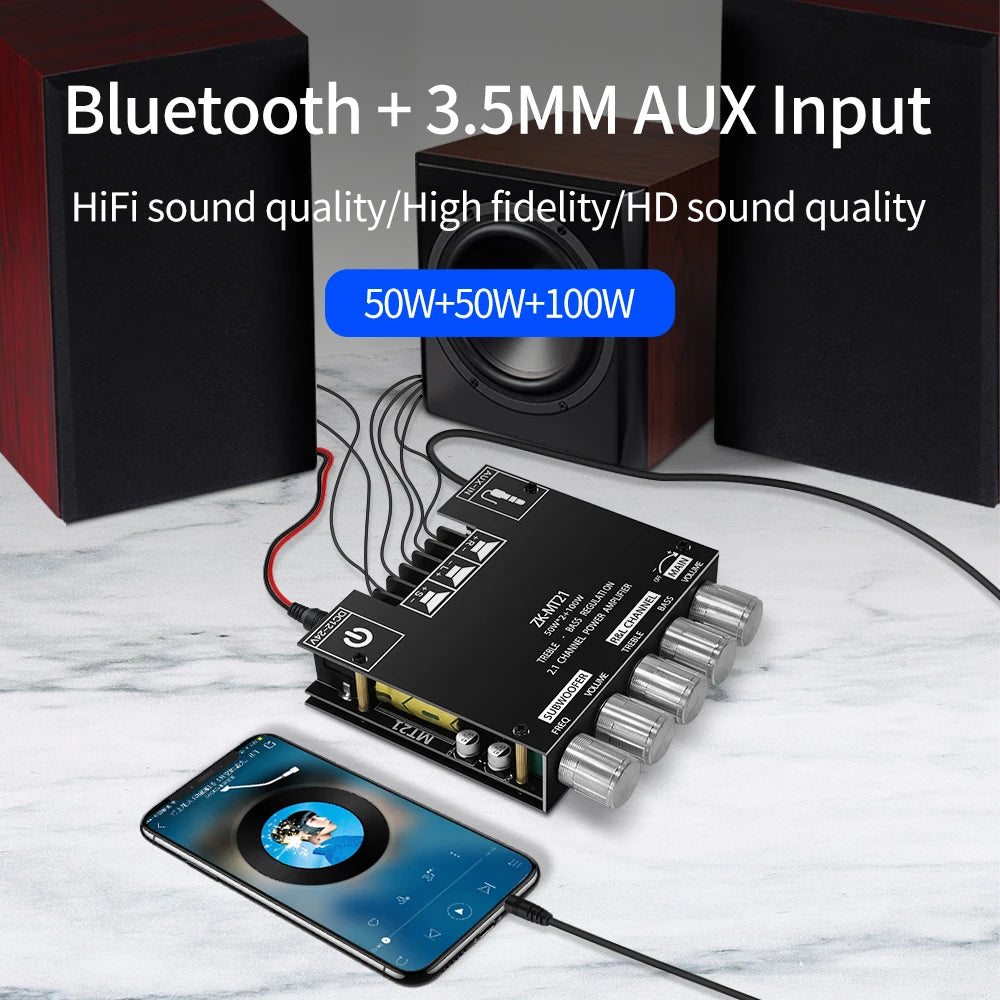 ZK-MT21 Sound Amplifier Module 2x50W+100W 2.1 Channel Subwoofer Bluetooth 5.0 Digital Power Amplifier Board AUX 12V/24V Stereo Beauty World Shop