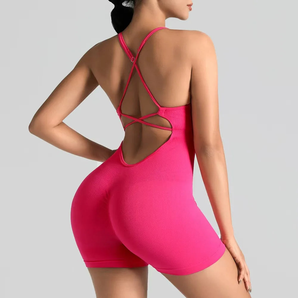 Women's Sexy Slim-Fit Yoga Shorts Jumpsuit Seamless Back Workout Bodysuit Breathable Quick-Dry Gym Running Pilates Fitness yoga Beauty World Shop