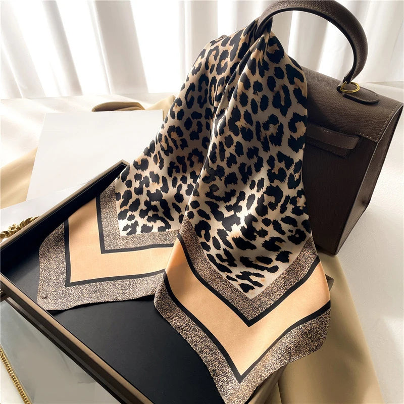 1pcs 70cm Leopard Print Silk Scarf for Women Imitation Silk Light Luxury Versatile Headwear Bag Decoration Clothing Square Scarf Beauty World Shop
