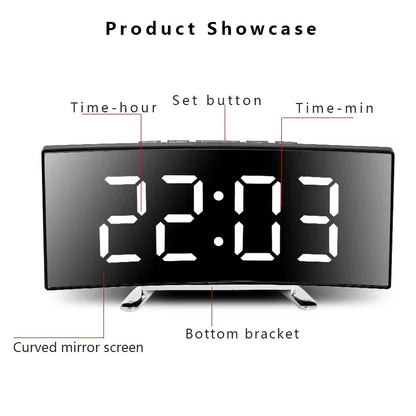 Creative Curved Electronic Clock, LED Large Screen Plug-in Battery Dual-purpose Mirror Alarm Clock, Student Bedroom Dedicated Beauty World Shop
