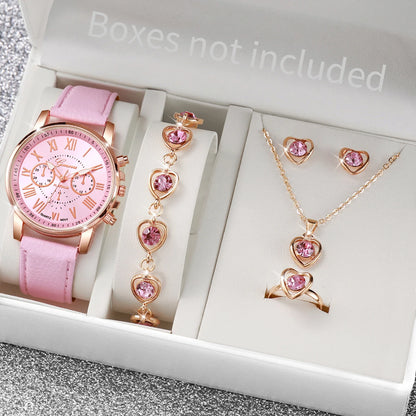 5/6PCS Fashion Women's Quartz Watch Leather Band Analog Wrist Watches Heart Rhinestone Jewelry Set(Without Box) Beauty World Shop