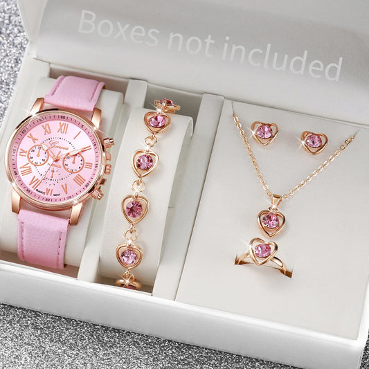 5/6PCS Fashion Women's Quartz Watch Leather Band Analog Wrist Watches Heart Rhinestone Jewelry Set(Without Box) Beauty World Shop