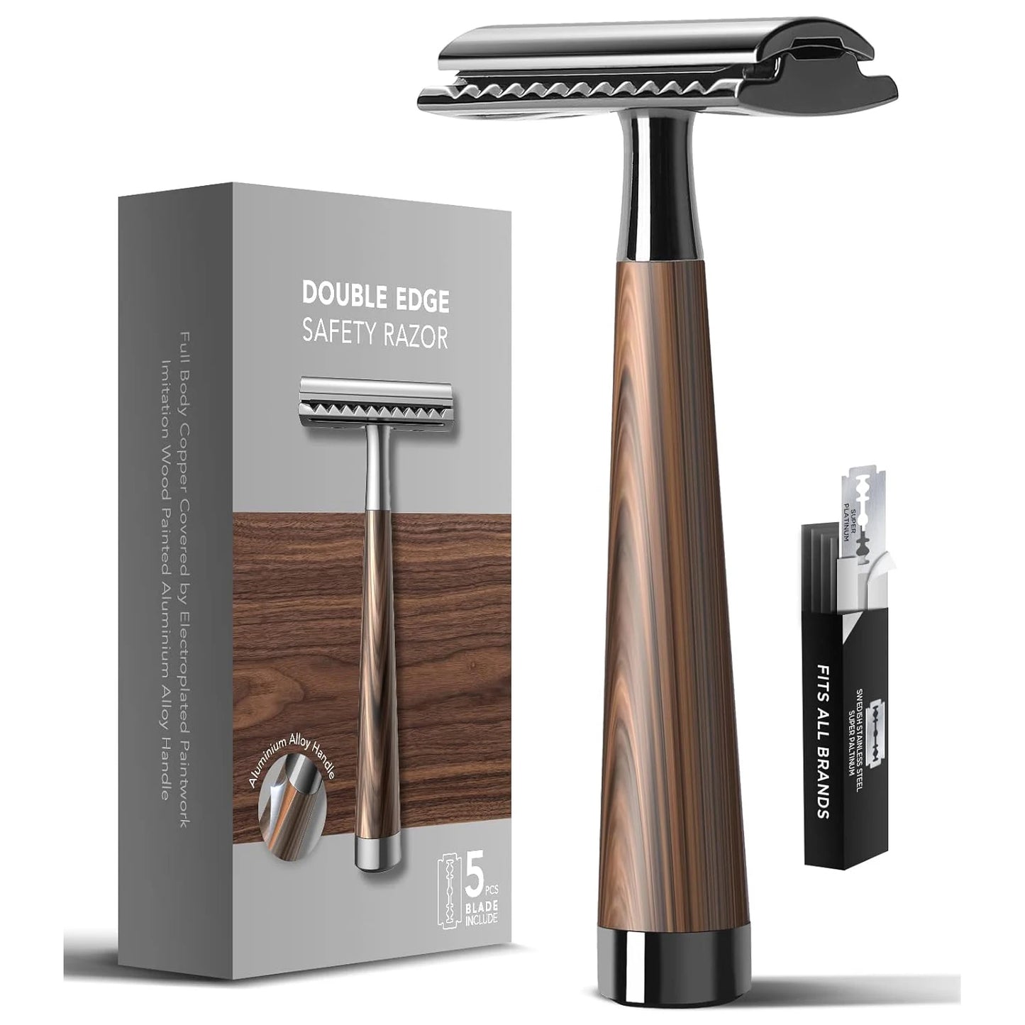Double Edge Safety Razor, Zinc Alloy Handle Razor with 5 Swiss Stainless Steel Blades, Heavy Duty Eco-Friendly Razor f Beauty World Shop