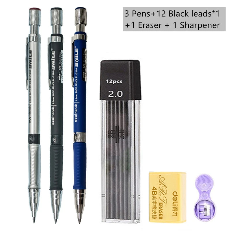 Mechanical Pencil Set 2.0 mm with 2B Black/Colors Lead Refill For Writing Sketching Art Drawing Painting School Automatic Pencil Beauty World Shop