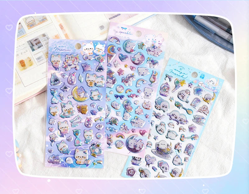 3 pcs/6 pcs Sweet Candy Pets Cat Coffee Cakes Flash Puffy 3D Stickers Scrapbooking Diy Diary Stationery Stickers School Supplies Beauty World Shop