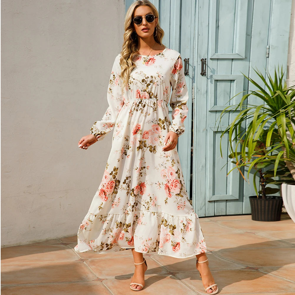 2023 Sping Summer Bohemian Women Maxi Dress Casual Long Sleeve High Waist Beach Woman Chiffon Dresses Floral Vestidoes Mujer New Beauty World Shop