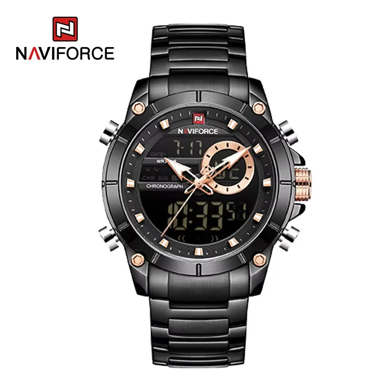 NAVIFORCE 9163 Luxury Original Sport Wrist Watch For Men Quartz Steel Waterproof Dual Display Military Watches Relogio Masculino Beauty World Shop