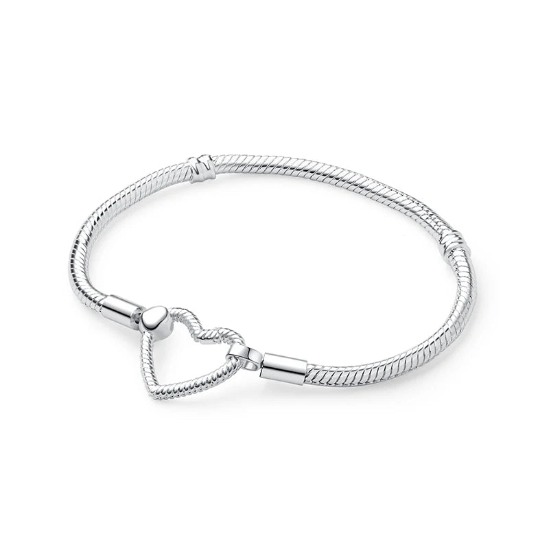 Original 925 Sterling Silver Bracelets Bangles Love Heart Clip Charms Beads Snake Chains For Women Rose Gold DIY Luxury Jewelry Beauty World Shop