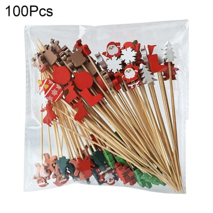 100Pcs Christmas Bamboo Skewer Cocktail Picks Cupcake Topper Disposable Food Dessert Toothpicks Fruit Sticks Party Supplies Beauty Trend Shop