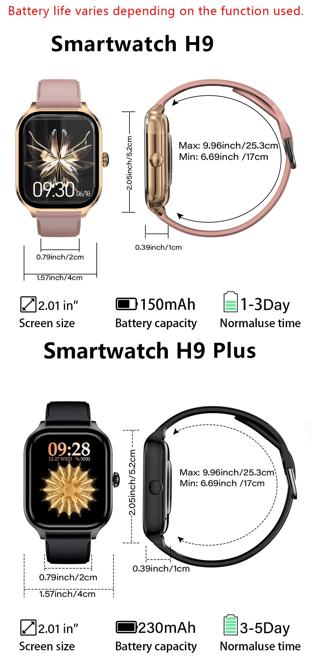 H9 New Smart Watch 2.01 Inch HD Display Answer Make Call Message Preview Sport Modes DIY Dial Weather Forecast For Men Women Beauty World Shop