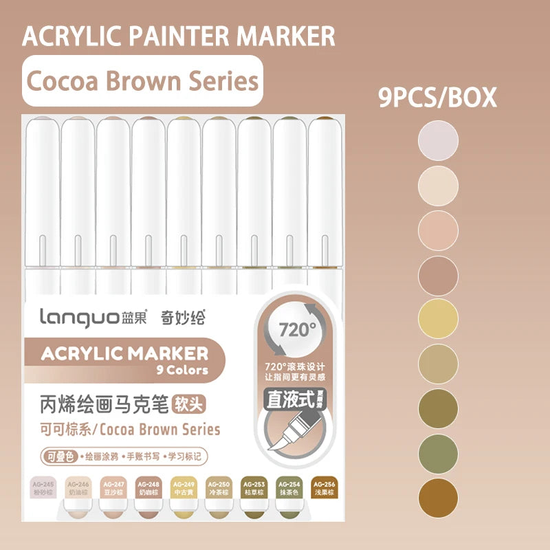 Languo 9pcs/box Soft Brush Acrylic Marker Pen Set，DIY Hand Drawn,Paint Art Markers pens,Student Graffiti Acrylic Paint Pens,M720 Beauty World Shop
