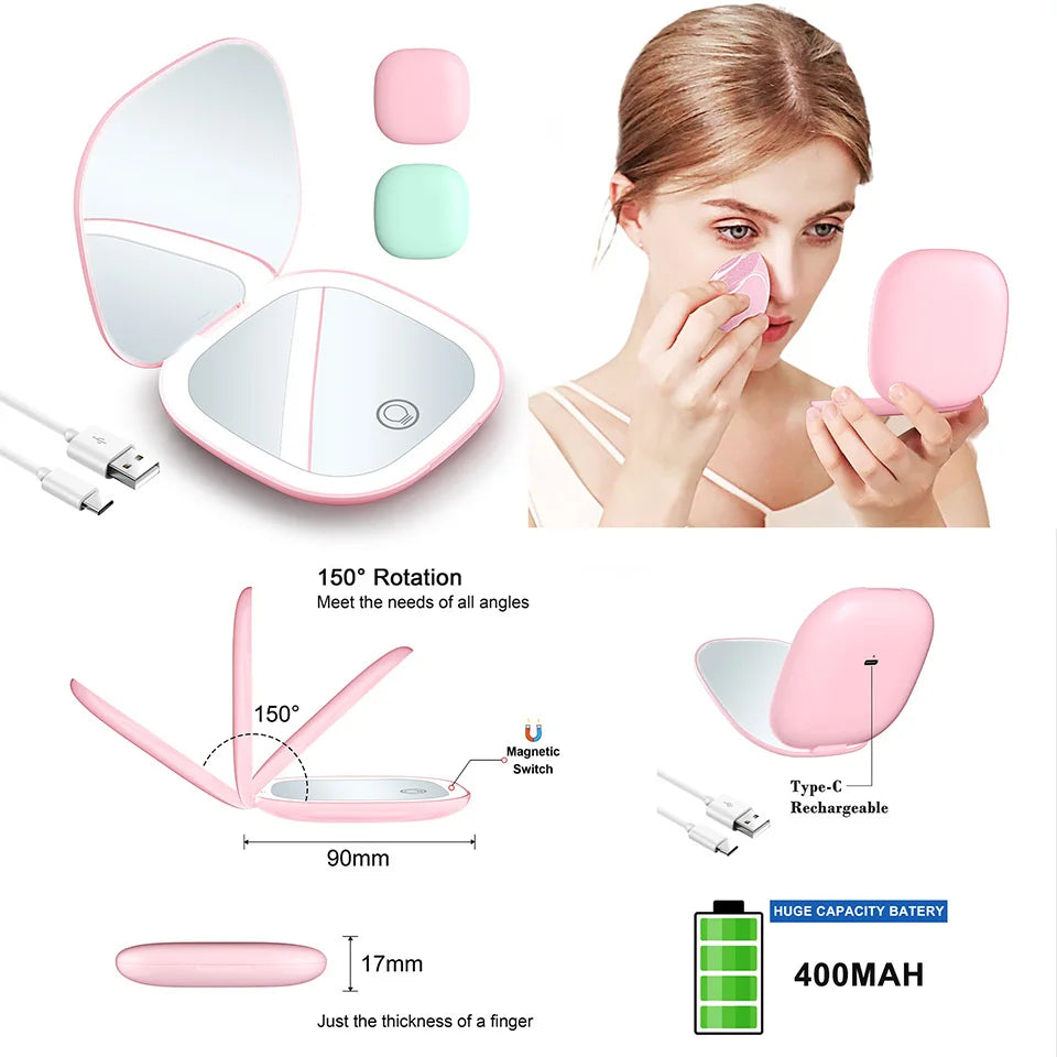 Mini Compact Foldable Pocket Hand Led Makeup Mirror With Led Light 5x/10x Magnification Rechargeable And Small Beauty World Shop