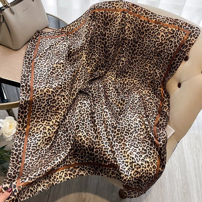 90cm Leopard Print Satin-Finish Scarf - Lightweight Simulated Silk Square for Women Spring Summer Versatile Chic Beauty World Shop