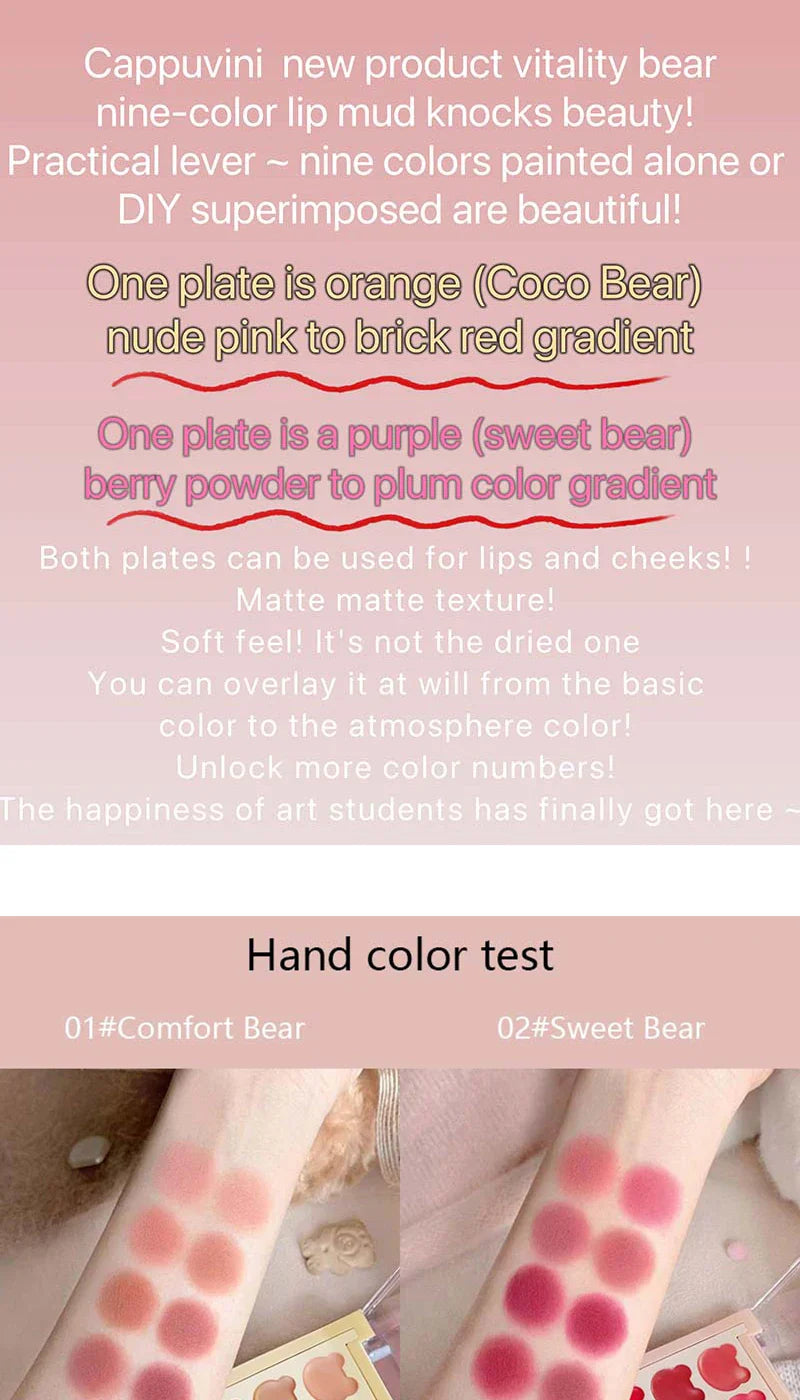 Cappuvini 9 Colors Velvet Lip Mousse - Matte & Natural Finish, Long-Lasting Non-Drying, Cute Bear Design for Youthful Look, Beauty Trend Shop