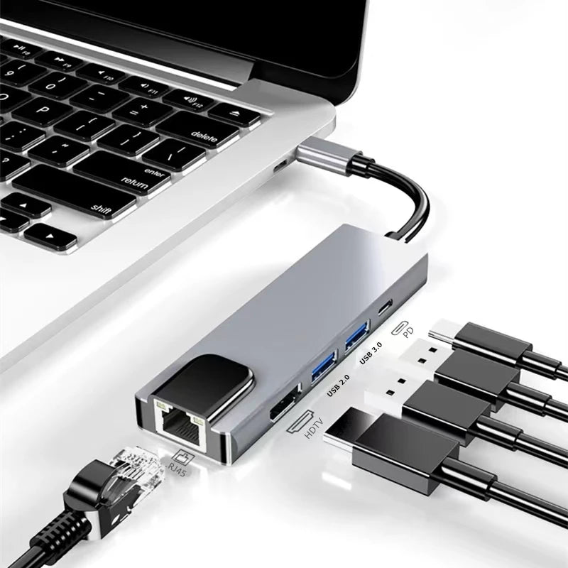 Usb 5 In 1 Type-C 3 1 To 4k HdTV Hub Adapter With Sd Tf 100M Rj45 Car d Reader Pd Fast Charge For Macbook Notebook Computer Beauty World Shop