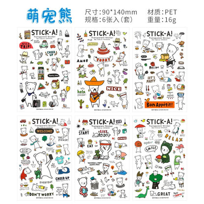 6Pcs/Lot Waterproof Cartoon Transparent Pvc Stickers DIY Hand Account Diary Decorative Stickers Kawaii Phone Cup Stickers Beauty World Shop