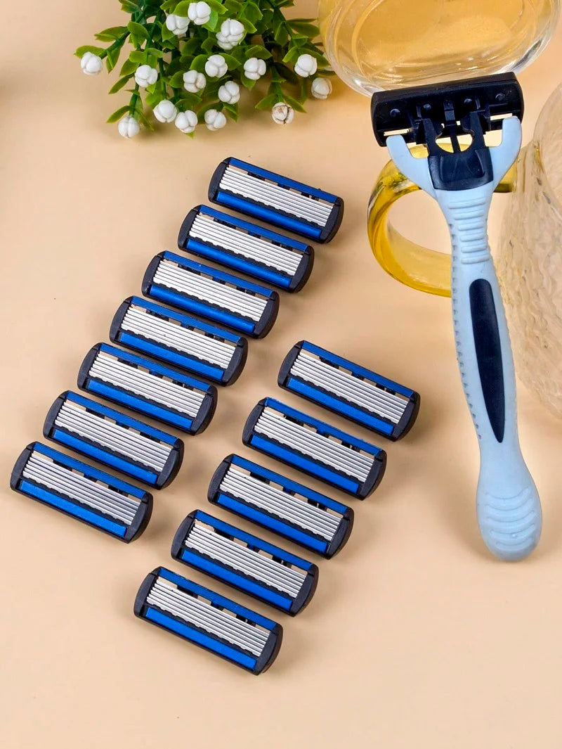 1 Handle + 12 / 17 Blades/ Men Women Manual Safety razor 6-Layer Stainless Steel Hair Removal Shaving Replaceable Shaver Head Beauty World Shop