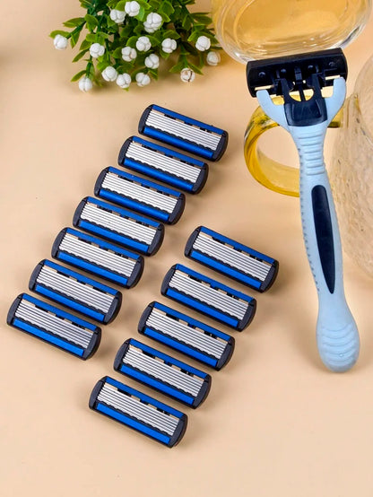 1 Handle + 12 / 17 Blades/ Men Women Manual Safety razor 6-Layer Stainless Steel Hair Removal Shaving Replaceable Shaver Head Beauty World Shop