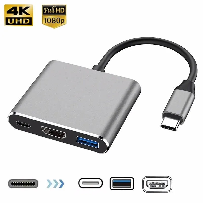 3 In 1 Usb-C Usb Hub Male To Female Hdmi-Compatible 4k Usb 3.1 Type-C To Usb 3.0 Charging Adapter For Macbook Air 12 Converter Beauty World Shop