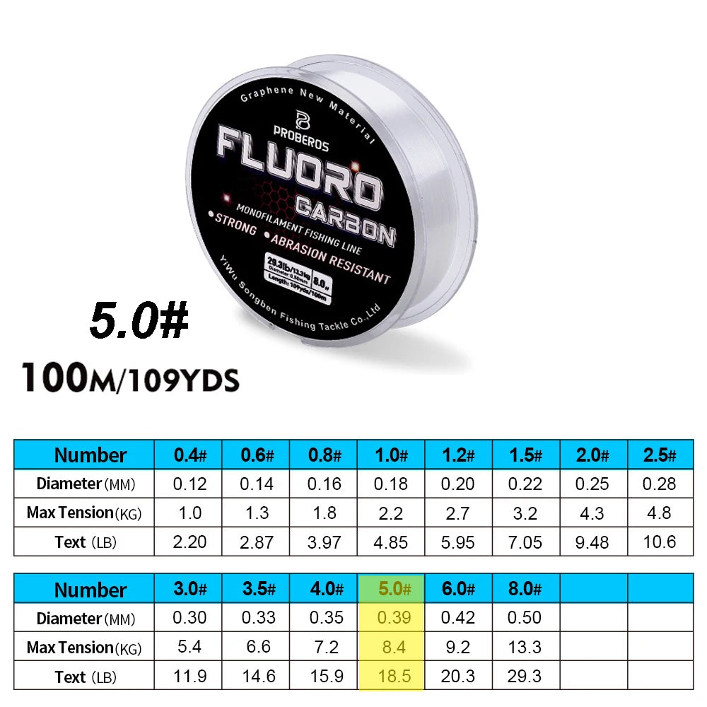 PROBEROS 100M Fluorocarbon Coating Fishing Line 2.2LB-29.3LB Carbon Fiber Monofilament Leader Line Carp Fishing Sinking Line Beauty World Shop