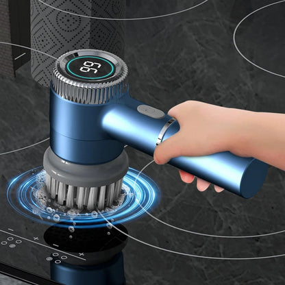 Electric Cleaning Brush LED Display with 5 Replaceable Brush Heads 3-speed Adjustable Cleaning Tool For Kitchen Bathroom