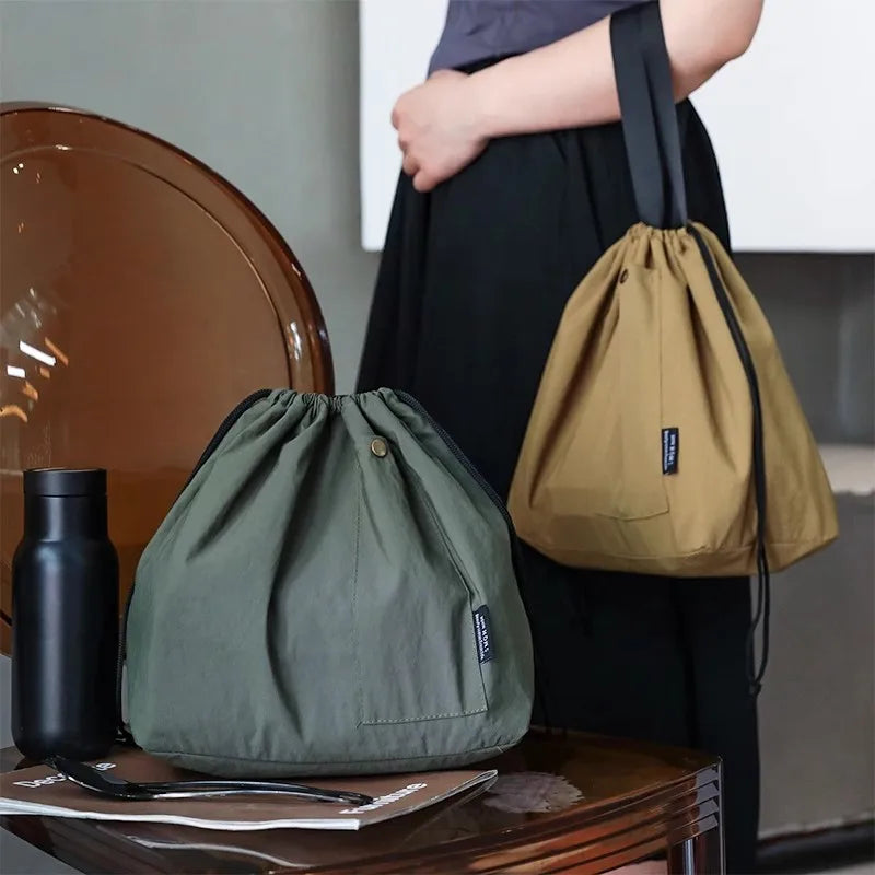 Japanese Korean Lunch Bag Cotton Canvas Large Solid Color Drawstring Portable Thermal Insulated Picnic Storage Bento Box Bag Beauty World Shop