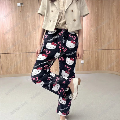 2024 Sanrio Hello Kitty Pajamas Halloween Flannel Fashion Trouserswomen Kawaii Woolen Anime Cartoon Casual Home Pants Autumn Beauty Fashion