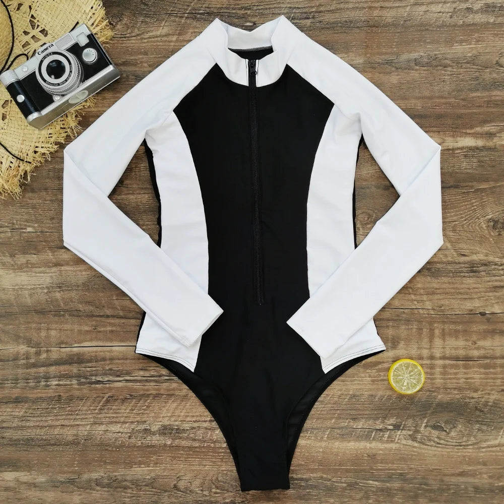 2026 Surfing Sport Swimsuit Long Sleeves Women One Piece Swimsuit  Swimwear Solid Monokini Bathing Suit Tropical Bodysuit Female Beauty World Shop