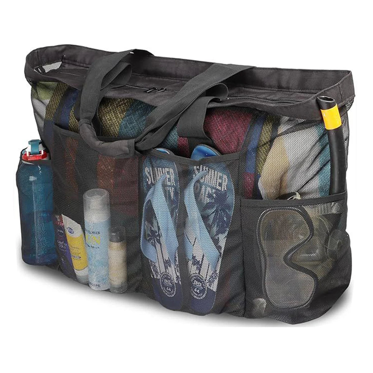1pc Extra Large Mesh Beach Bag, Breathable Mesh Tote With Zipper & Side Pockets, Portable Large Capacity Finishing Organizer Bag Beauty World Shop