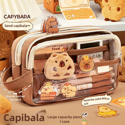 Cute Capybara Pencil Case with Lock - Aesthetic Kawaii Canvas Pouch, Clear School Supplies Organizer with Compartments, Includes Beauty World Shop