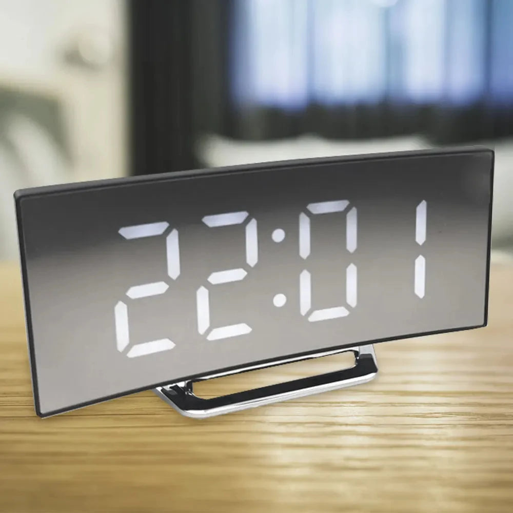 Curved Screen Clock Digital Led Alarm Clock with Temperature Display Large Mirror Clock Snooze Bedside Table Clock Room Decor Beauty World Shop