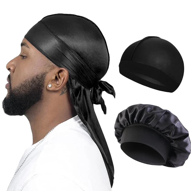 3PCS/LOT Men Silky Durag Long Tail Pirate Hat Headband Turban Dome Wave Cap Unisex Wig Cap Elastic Band Satin Bonnet Beauty World Shop
